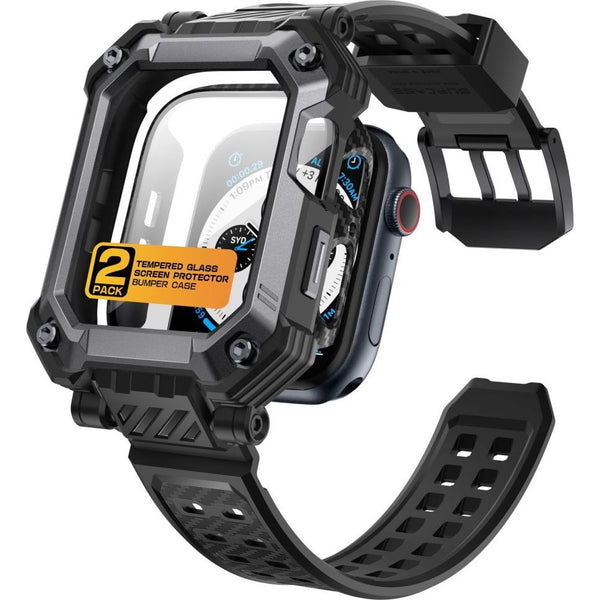 Schutzhülle mit Armband + 2x Glas Supcase UB Pro für Apple Watch 4 / 5 / 6 / 7 / 8 / SE 44 / 45 m, Schwarz