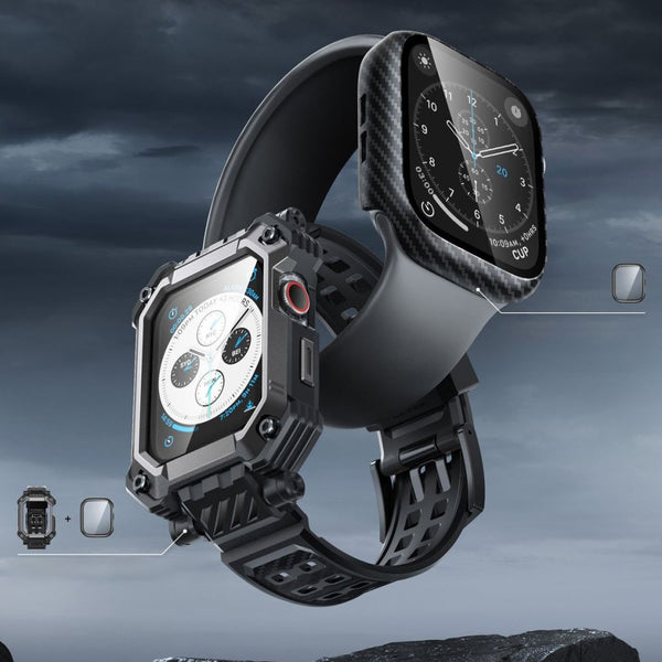 Schutzhülle mit Armband + 2x Glas Supcase UB Pro für Apple Watch 4 / 5 / 6 / 7 / 8 / SE 44 / 45 m, Schwarz