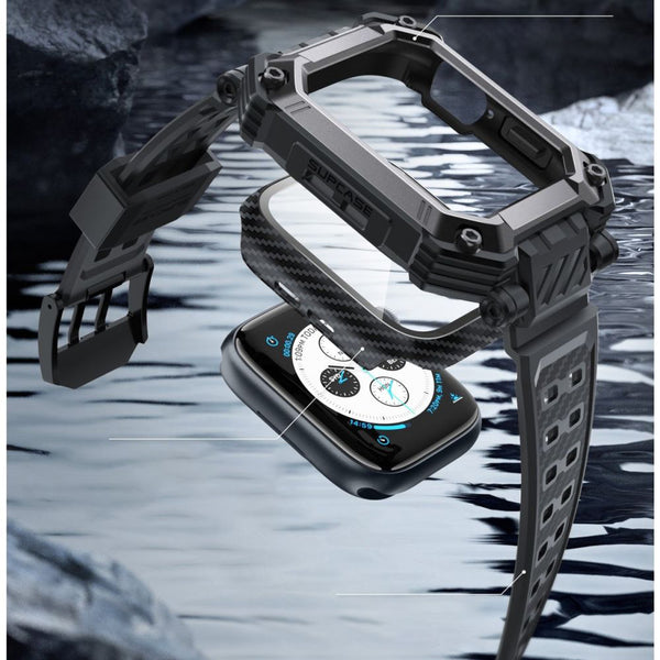 Schutzhülle mit Armband + 2x Glas Supcase UB Pro für Apple Watch 4 / 5 / 6 / 7 / 8 / SE 44 / 45 m, Schwarz