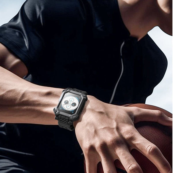 Schutzhülle mit Armband + 2x Glas Supcase UB Pro für Apple Watch 4 / 5 / 6 / 7 / 8 / SE 44 / 45 m, Schwarz