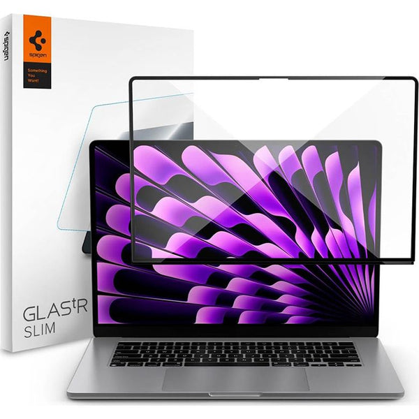 Gehärtetes Glas Spigen Glas.tR Slim für MacBook Air 15 M2 2023, schwarzer Rahmen