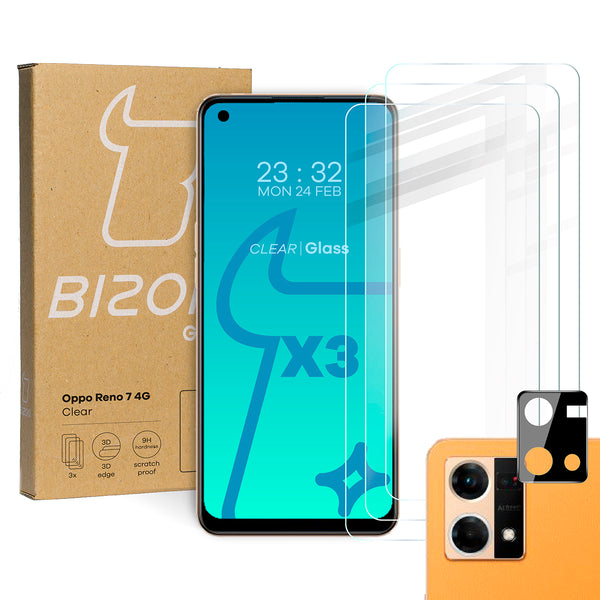 Gehärtetes Glas Bizon Glass Clear - 3 Stück + Kameraschutz, Oppo Reno 7 4G