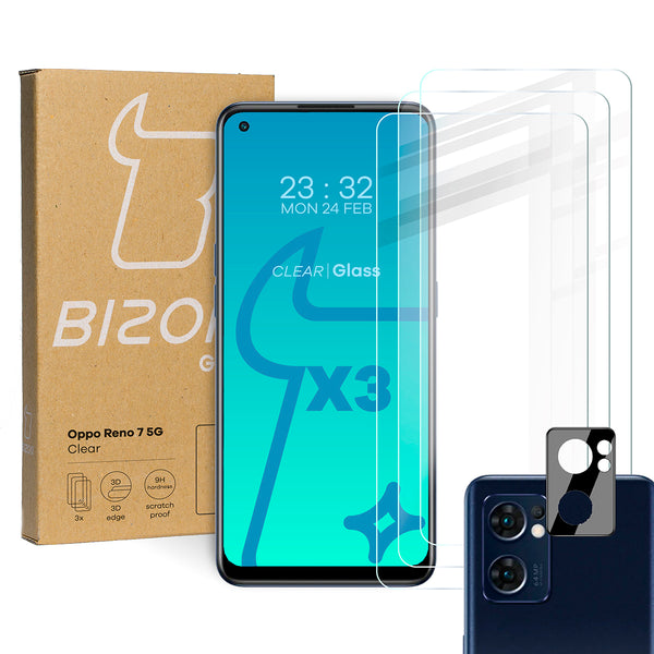 Gehärtetes Glas Bizon Glass Clear - 3 Stück + Kameraschutz, Oppo Reno 7 5G