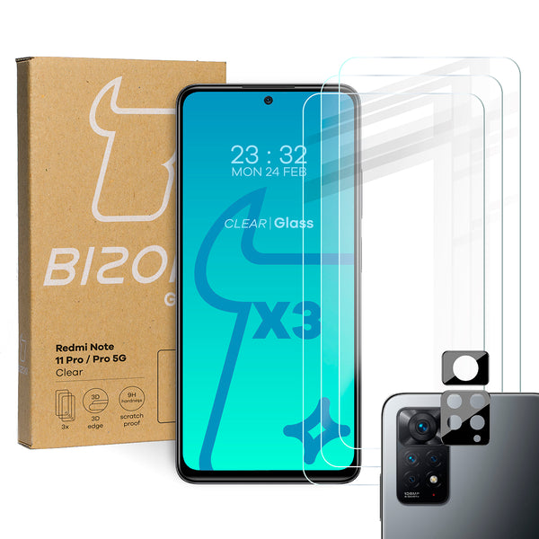 Gehärtetes Glas Bizon Glass Clear - 3 Stück + Kameraschutz, Redmi Note 11 Pro/ Pro 5G