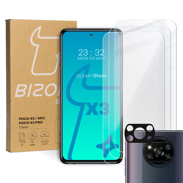 Gehärtetes Glas Bizon Glass Clear - 3 Stück + Kameraschutz für Xiaomi Poco X3/ NFC/ Pro