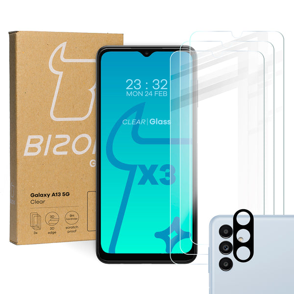 Gehärtetes Glas Bizon Glass Clear - 3 Stück + Kameraschutz, Galaxy A13 5G