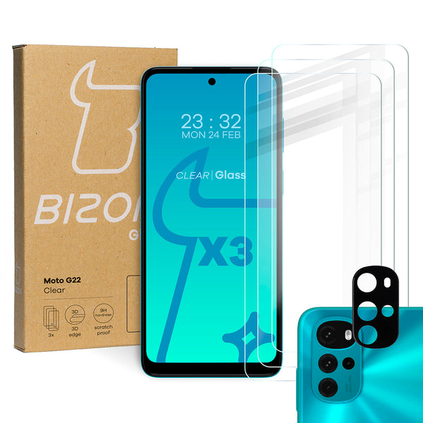 Gehärtetes Glas Bizon Glass Clear - 3 Stück + Kameraschutz für Motorola Moto G22