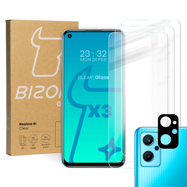 Gehärtetes Glas Bizon Glass Clear - 3 Stück + Kameraschutz, Realme 9i