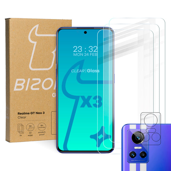 Gehärtetes Glas Bizon Glass Clear - 3 Stück + Kameraschutz, Realme GT Neo 3