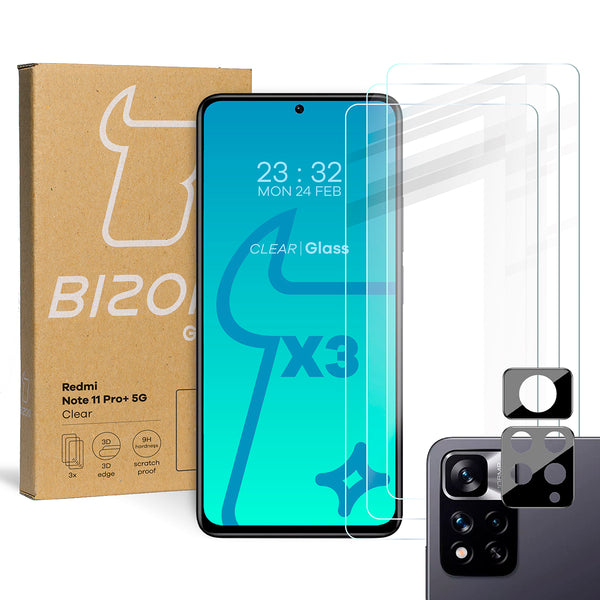 Gehärtetes Glas Bizon Glass Clear - 3 Stück + Kameraschutz, Redmi Note 11 Pro+ 5G