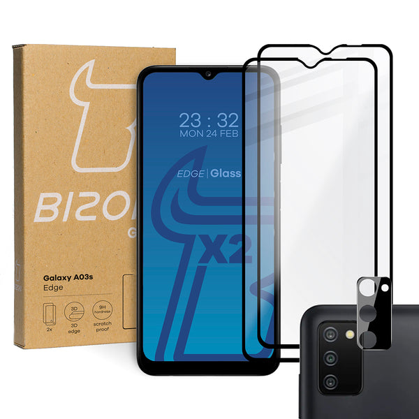 Gehärtetes Glas Bizon Glass Edge - 2 Stück + Kameraschutz, Galaxy A03s, Schwarz