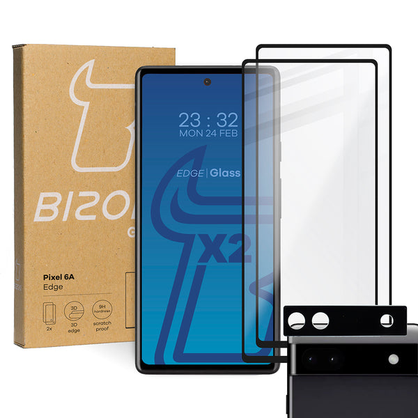 Gehärtetes Glas Bizon Glass Edge - 2 Stück + Kameraschutz, Google Pixel 6A, Schwarz