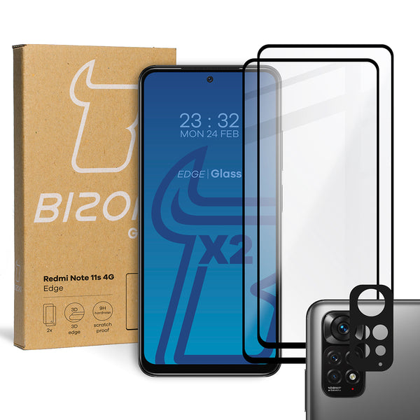 Gehärtetes Glas Bizon Glass Edge - 2 Stück + Kameraschutz für Redmi Note 11s 4G, Schwarz