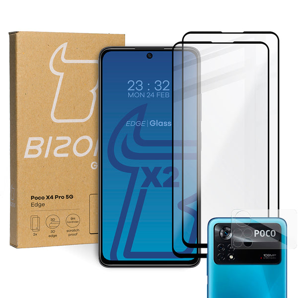 Gehärtetes Glas Bizon Glass Edge - 2 Stück + Kameraschutz, Poco X4 Pro 5G, Schwarz