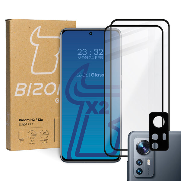 Gehärtetes Glas Bizon Glass Edge 3D - 2 Stück + Kameraschutz, Xiaomi 12 / Xiaomi 12X, Schwarz