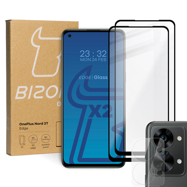 Gehärtetes Glas Bizon Glass Edge - 2 Stück + Kameraschutz, OnePlus Nord 2T, Schwarz