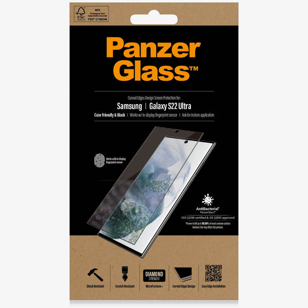 Antibakterielles Glas Panzerglass Case Friendly E2E, Galaxy S22 Ultra, schwarzer Rahmen