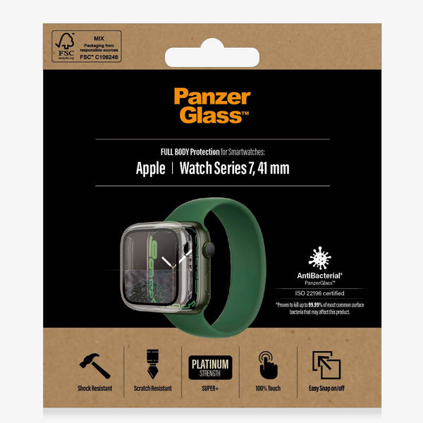 Antibakterielles Glas Panzerglass Full Body Apple Watch 7, 41mm, transparenter Rahmen