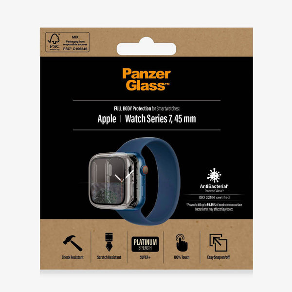 Antibakterielles Glas Panzerglass Full Body Apple Watch 7, 45mm, transparenter Rahmen