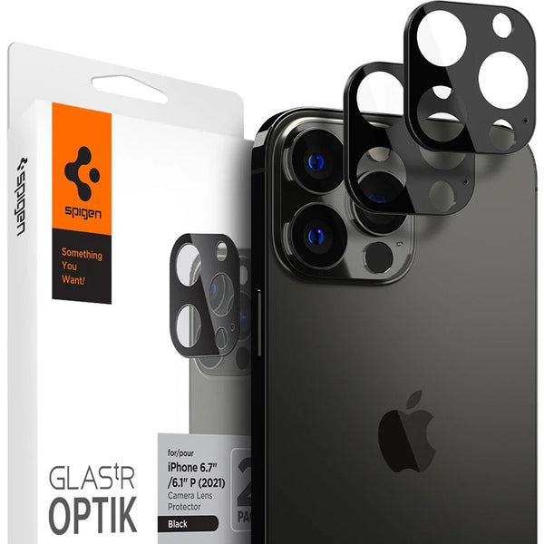 Gehärtetes Glas für Kamera Spigen Glas.tR Optik 2-Pack für iPhone 13 Pro / 13 Pro Max, kompatibel mit Hülle, schwarz