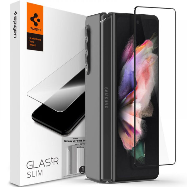 Spigen gehärtetes Glas.tR Slim FC + Hinge Film für Galaxy Z Fold 3 5G - kompatibel mit Hülle, schwarzer Rahmen