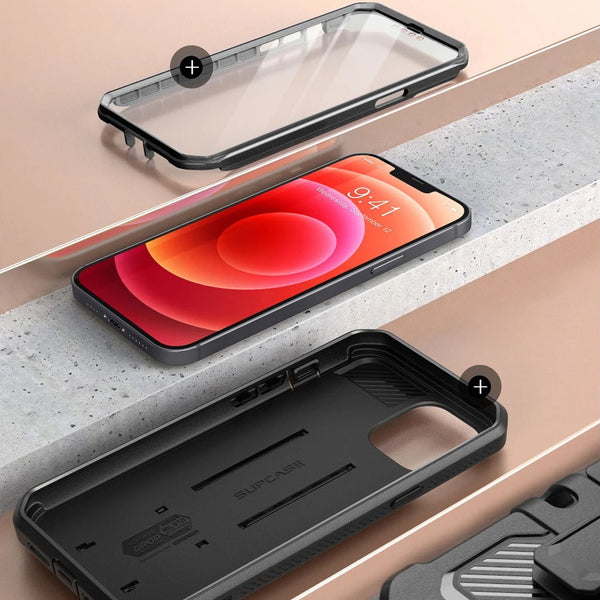 Gepanzerte Schutzhülle mit eingebautem Displayschutz Ständer und Holster mit Drehclip Supcase aus der Serie Unicorn Beetle Pro für iPhone 13