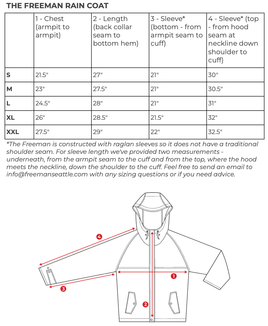 size chart for freeman raincoat