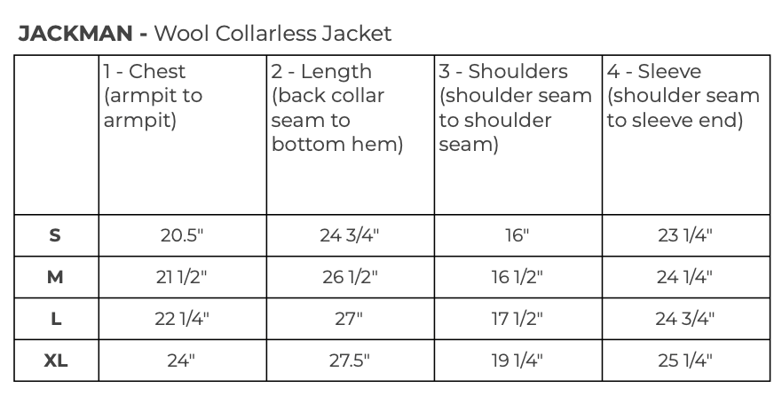 size chart for jacket