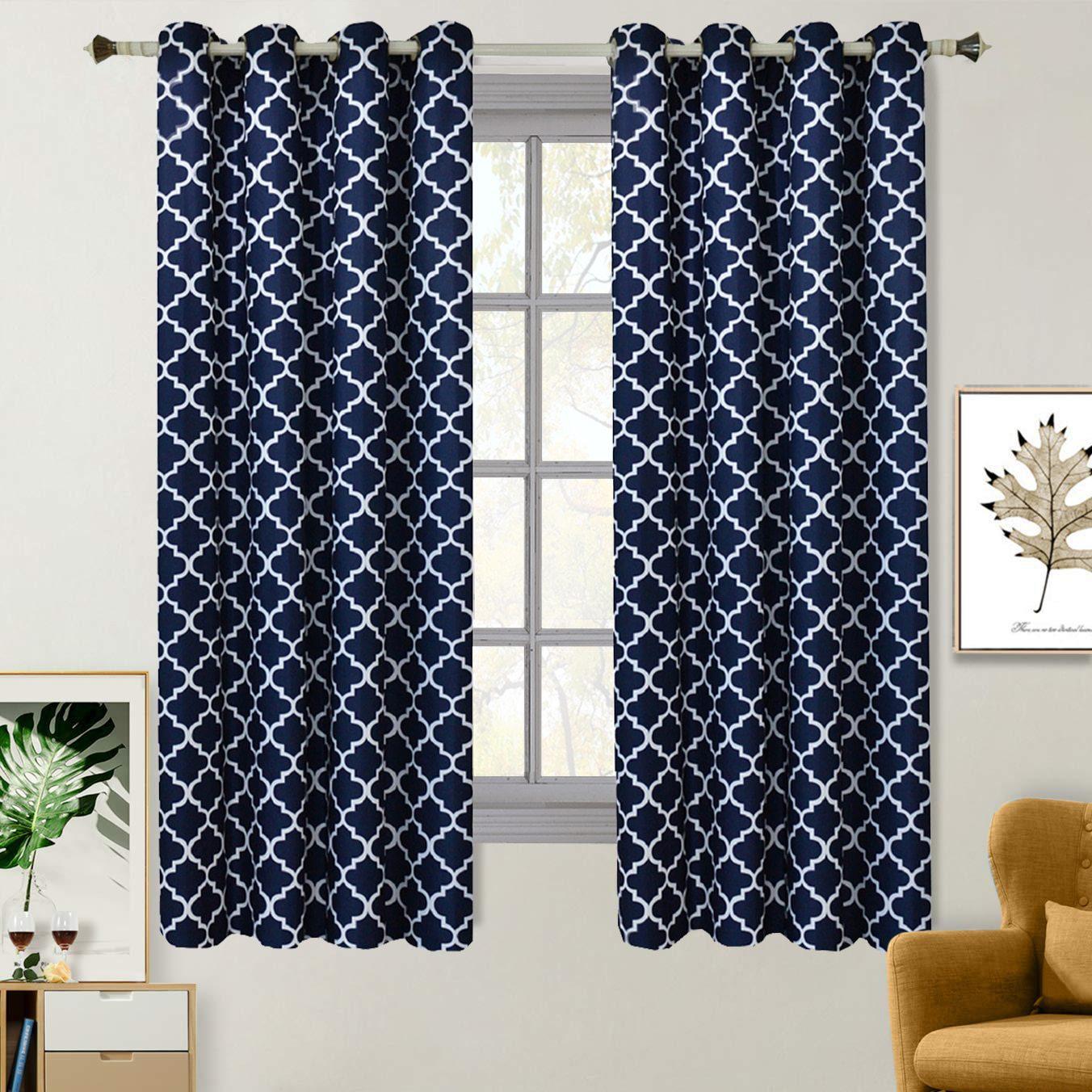 Navy Blue & White Meridian Room-Darkening Curtains Pair (Set of 2 Panels)