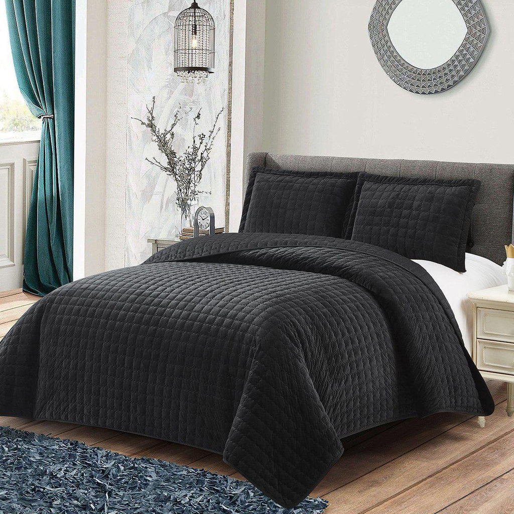 Velvet Bedspread Quilt Set Plush Checkered