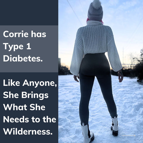 Adventurous Canadian woman in Ontario winter wilderness ice fishing. She has diabetes. Chickfly outdoor leggings provide access for her insulin pump + pockets for equipment. Her survival depends on it.