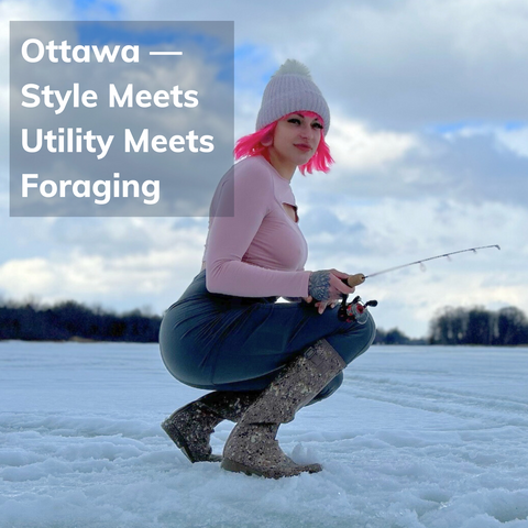 Woman ice fishing in Otawa Canada wearing Chickfly outdoor leggings. She has diabetes and can thread her insulin pump tubing through the fly and carry her snacks and equipment close. 