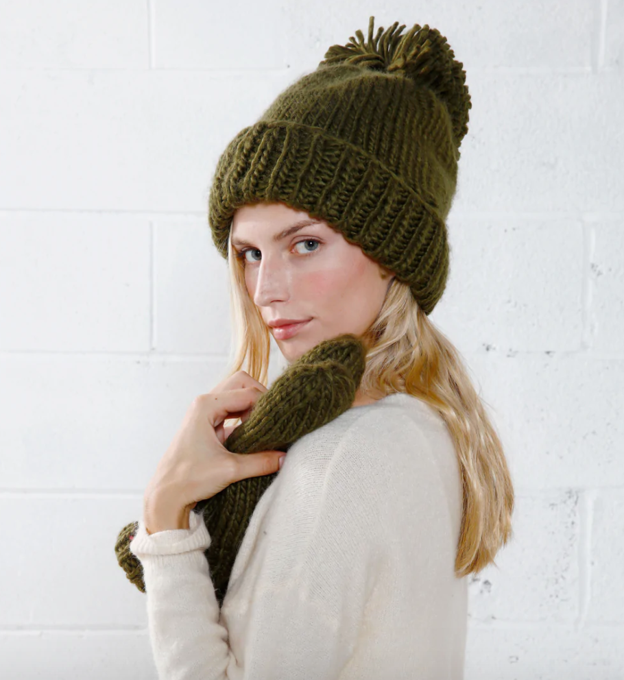 Hand Knit Pom Hat - Olive & Ivory