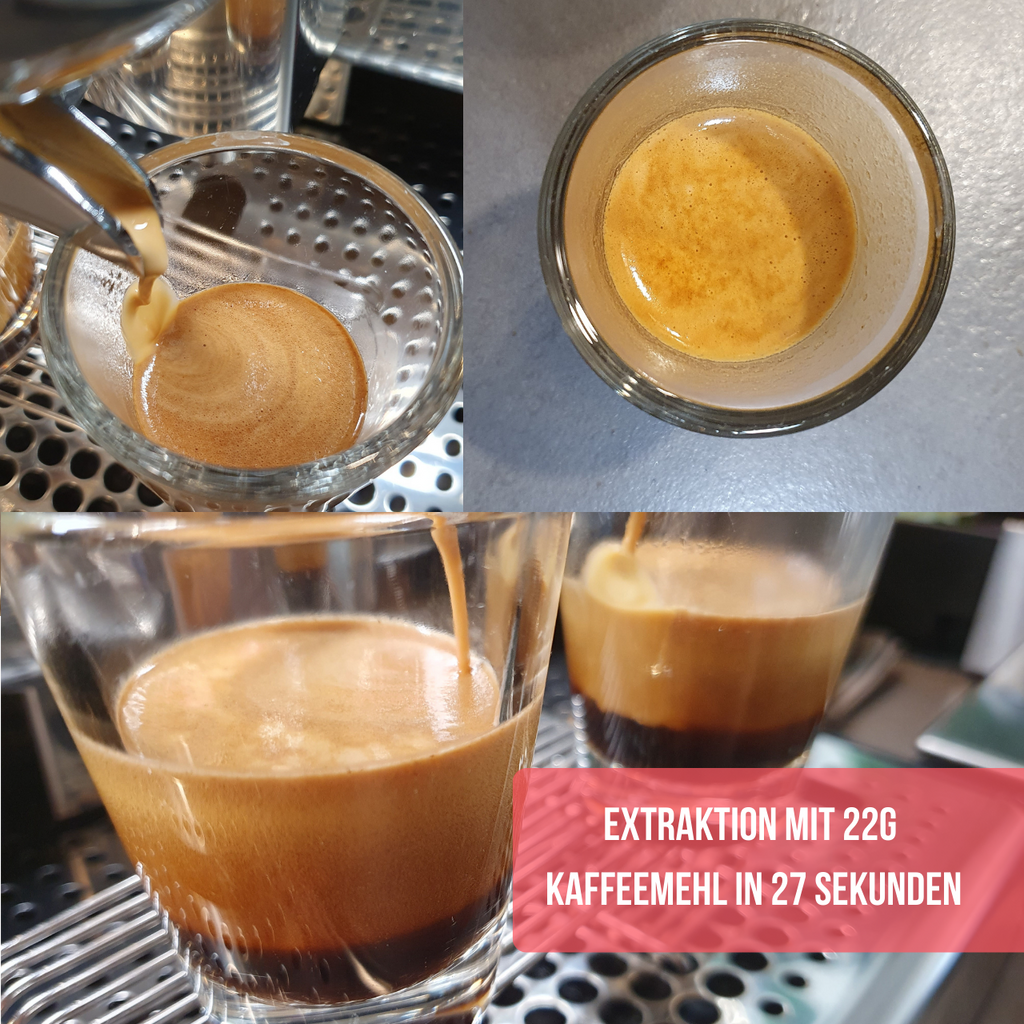 Kaffee Espresso Bezug und Extraktion mit 22g Kaffeemehl