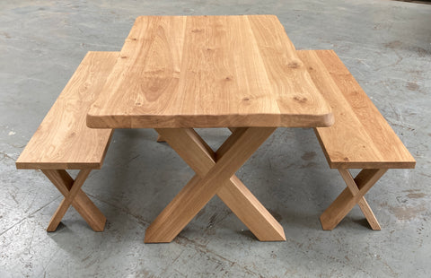Oak X Leg Table & Benches