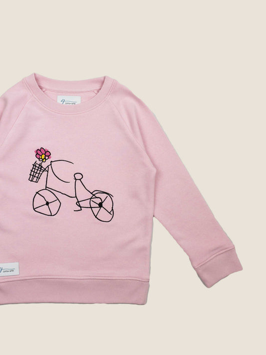4littlearts Kids Sweater in Rosa mit Fahrrad Stickerei. Super weiche Bio-Baumwolle. Bequemer Schnitt und veredelt in Wuppertal.