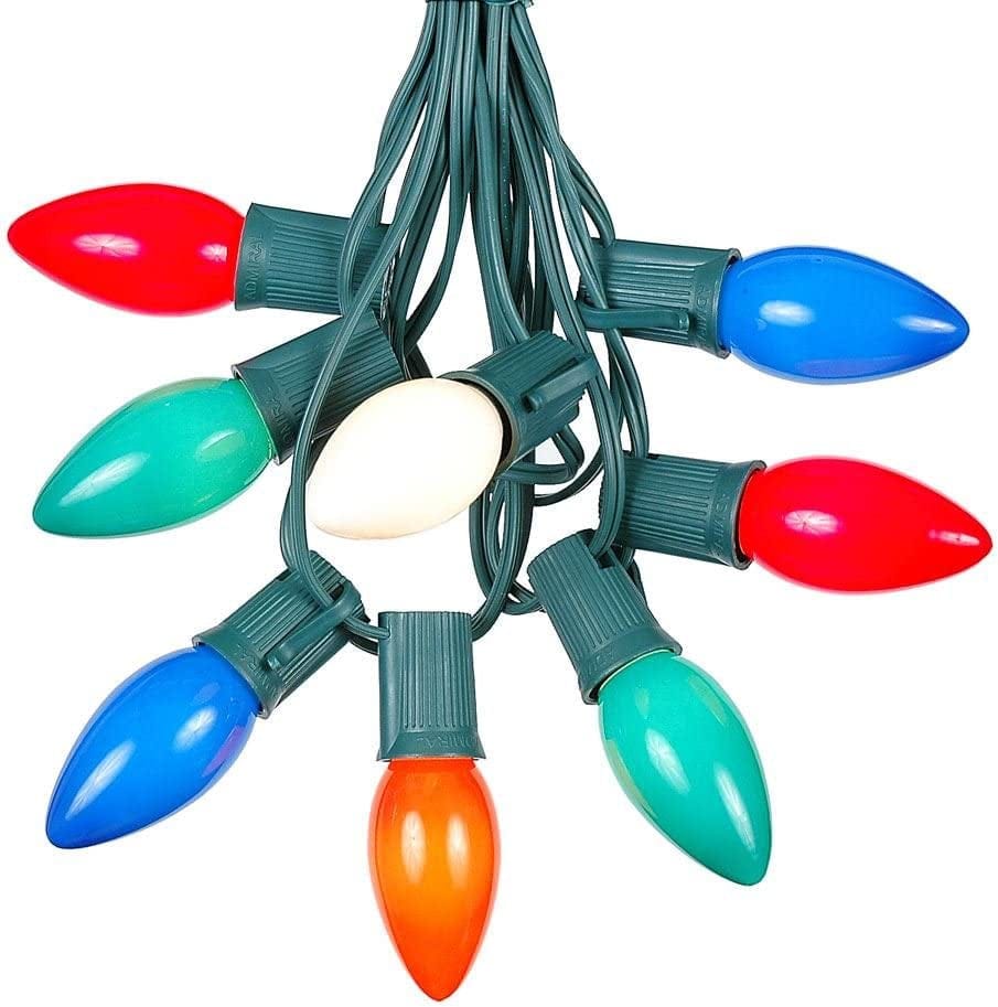 100 Foot C9 Multi Ceramic Christmas String Light Set - Outdoor Christmas Light String - – Opaque Christmas Bulbs - Roofline Light String – Outdoor String Lights - Green Wire