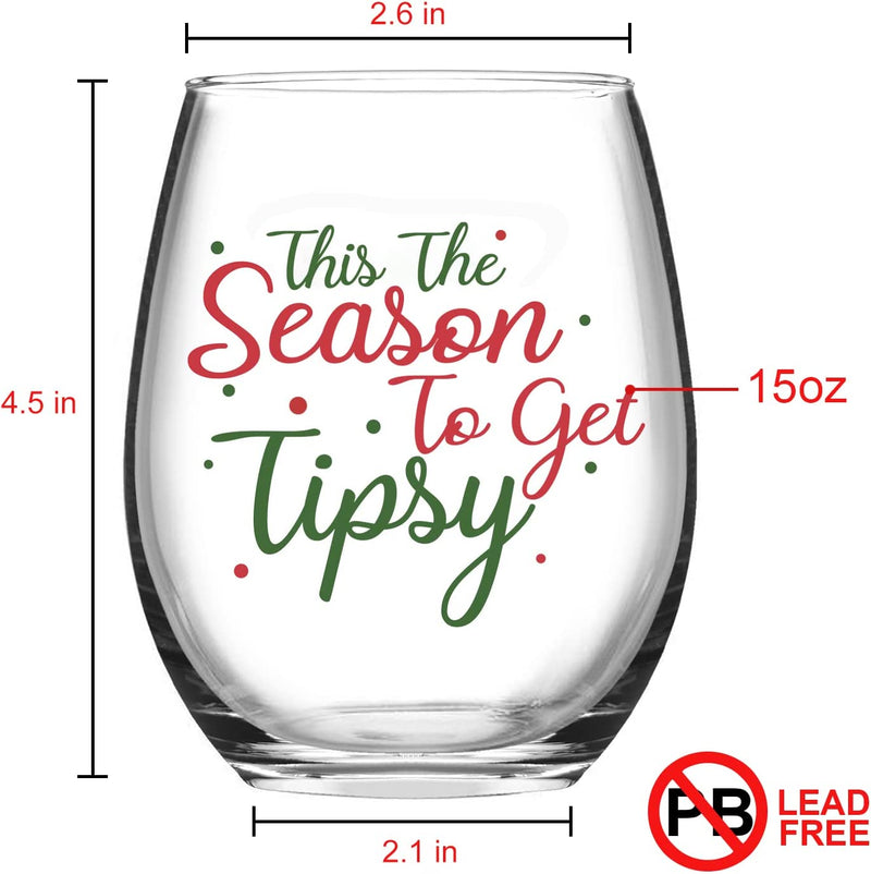This the Season to Get Tipsy Christmas Stemless Wine Glass, Set of 4 Christmas Wine Glasses, Gift Ideas for Christmas Holiday Wedding, Funny Wine Glasses for Women Friends Men Family Wino, 15 Oz