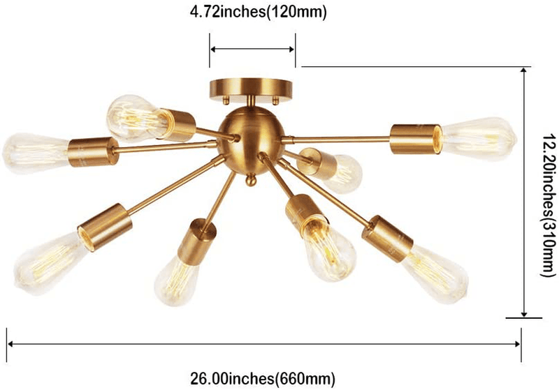 VINLUZ 8-Light Sputnik Chandelier Brushed Brass Semi Flush Mount Ceiling Light Modern Pendant Light for Kitchen Bathroom Dining Room Bed Room Hallway