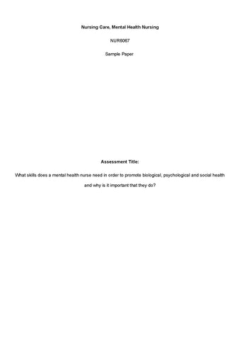 Nursing Care, Mental Health Nursing NUR6067 Sample Paper