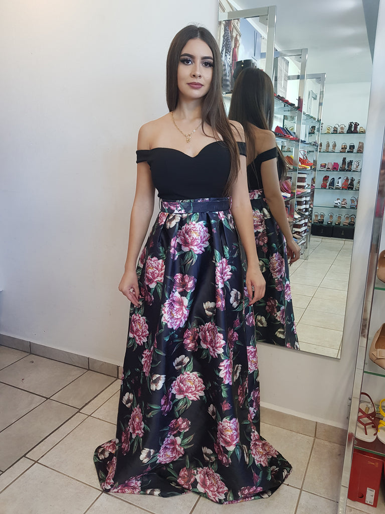 VESTIDO LARGO NEGRO CON DE FLORES ROSA – Elite Boutique PR