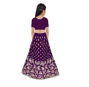 Elegant Purple Embroidered Silk Girls Lehenga Cholis With Dupatta