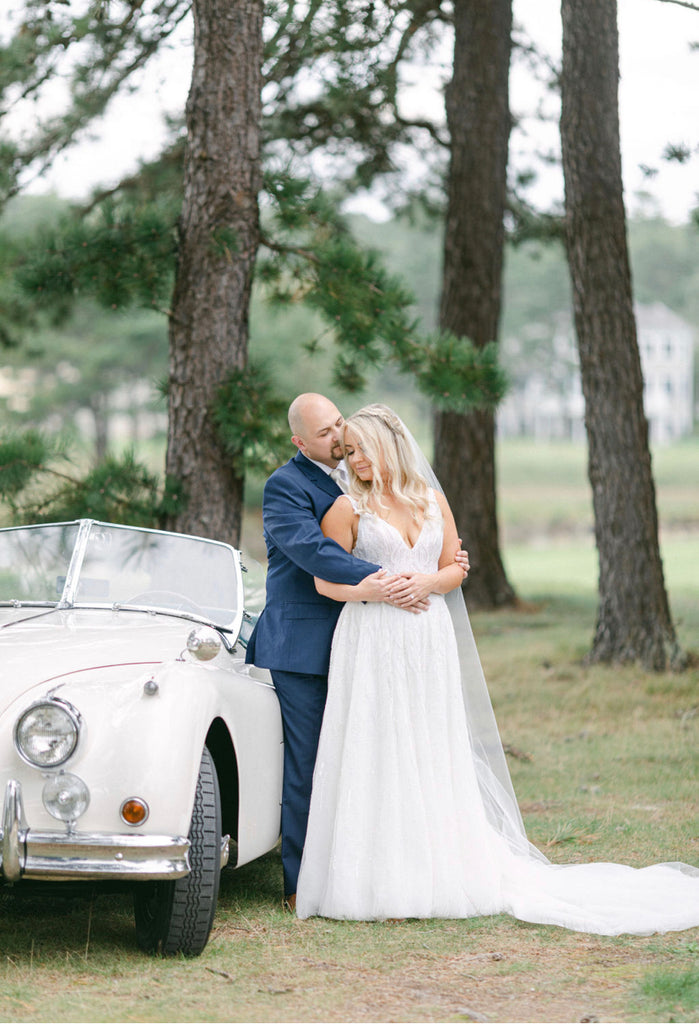 Beau Gown | V-neck natural waist A-line gown with beaded white pearls and clear crystal sequins