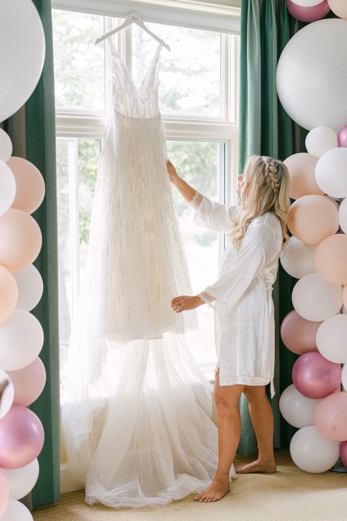 Beau Gown | V-neck natural waist A-line gown with beaded white pearls and clear crystal sequins