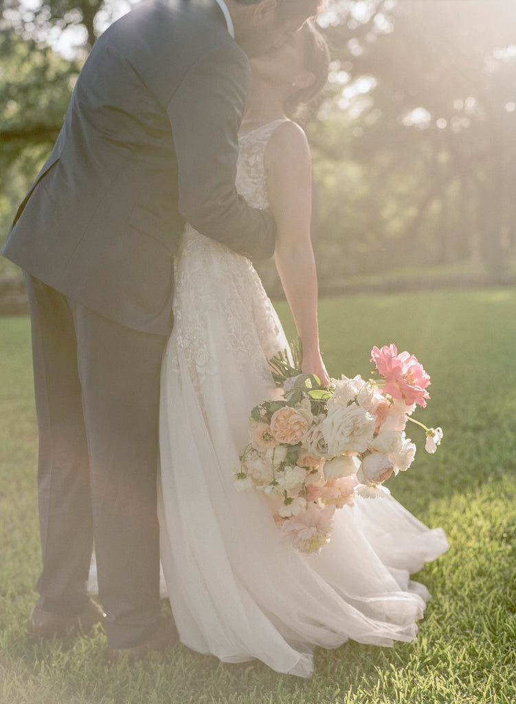 Ella Gown | Deep illusion V-neck ballgown with tulle skirt and ivory colored beading