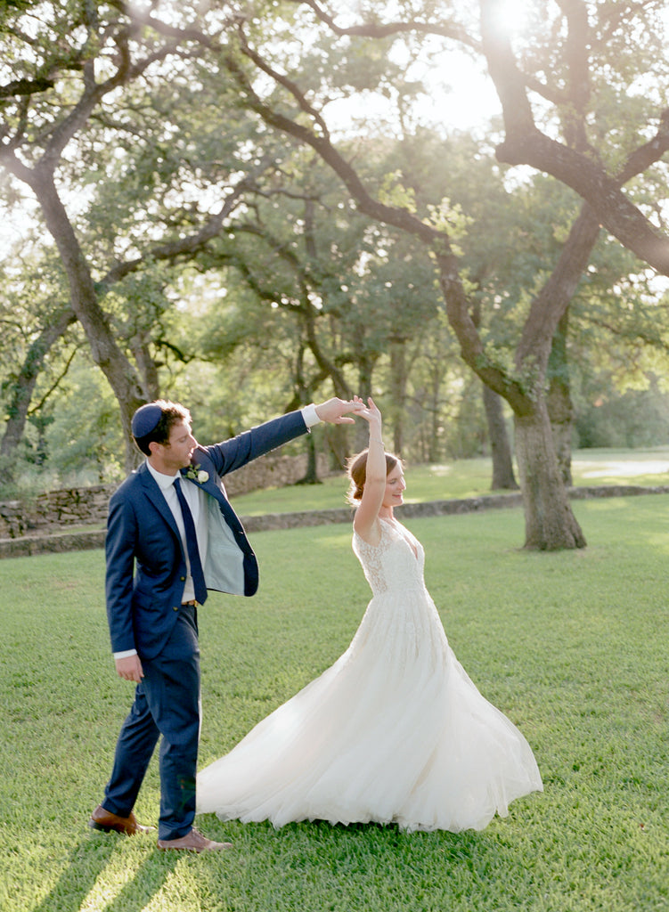 Ella Gown | Deep illusion V-neck ballgown with tulle skirt and ivory colored beading