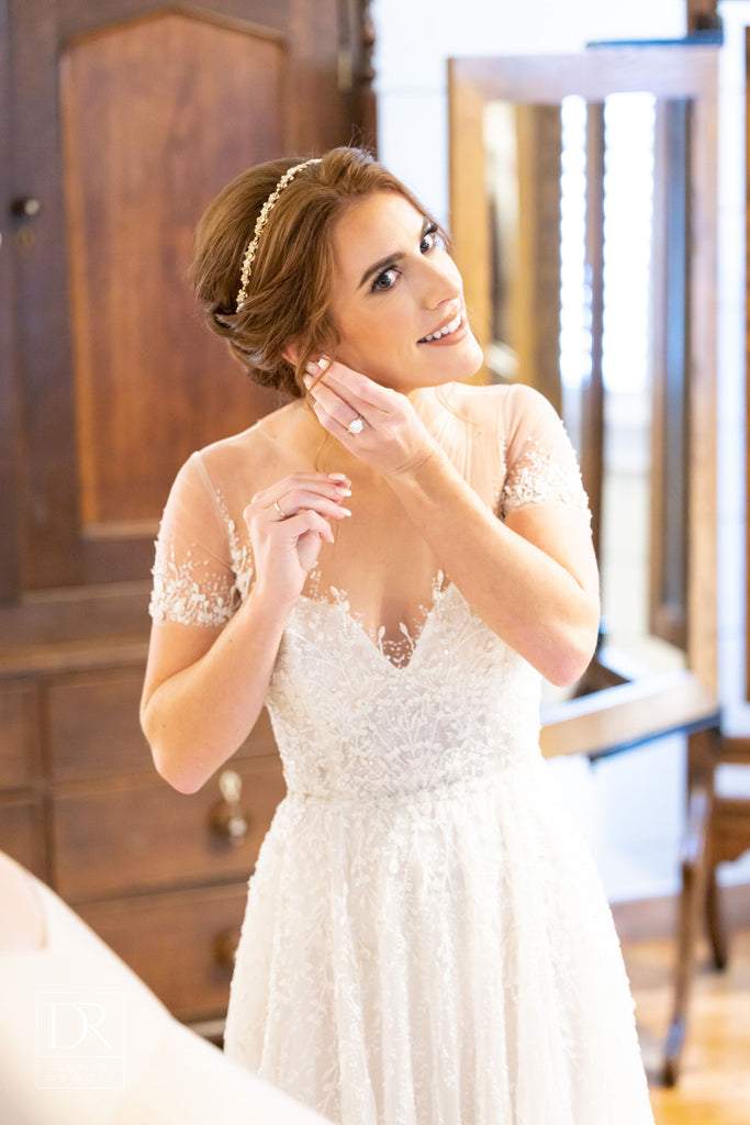 Serena Gown | Short sleeve A-Line Gown with whimsical vine like beading 