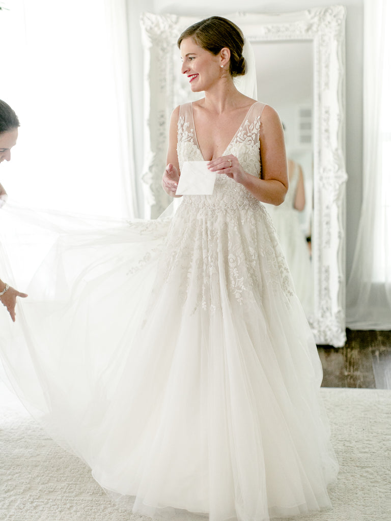 Ella Gown | Deep illusion V-neck ballgown with tulle skirt and ivory colored beading