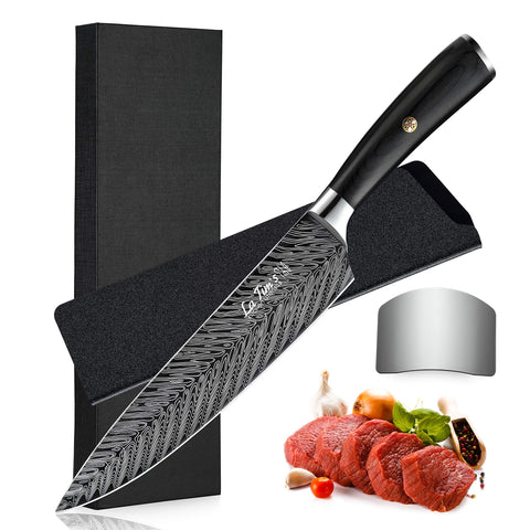  MICHELANGELO Professional Chef Knife 8 Inch Pro, German High  Carbon Stainless Steel with Ergonomic Handle, Japanese Knife, for Kitchen -  Inch, Etched Damascus Pattern: Home & Kitchen