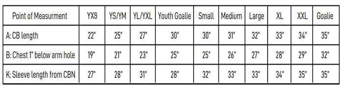 Pearsox Hockey Jersey Sizing Chart